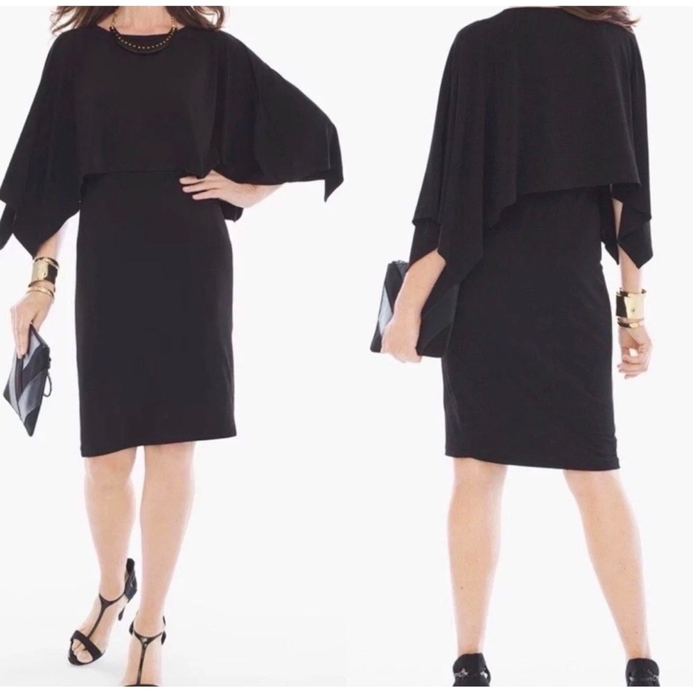 Chico's Cape Sleeve Dress Black Travelers Layered Sheath Overlay 2/Large Petite